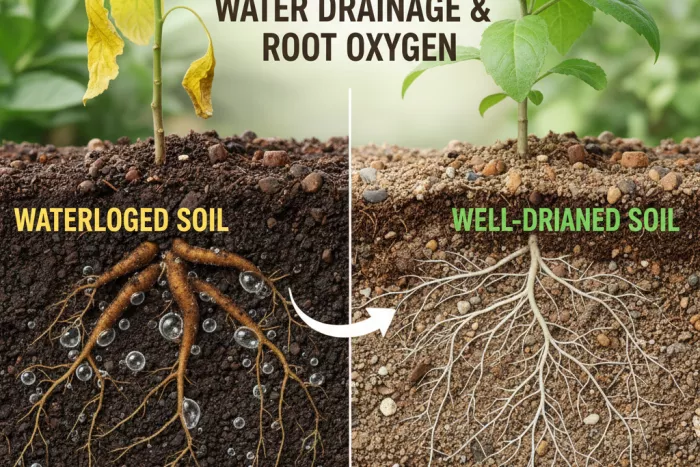 Yellowing leaves from poor drainage and root oxygen
