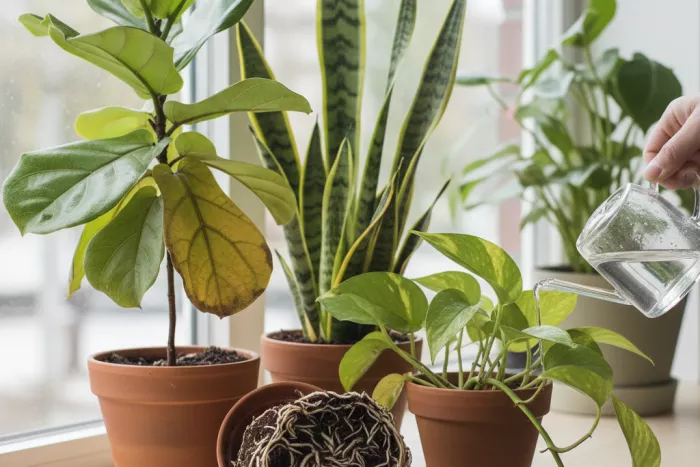 Root-bound indoor plant yellowing from small pot
