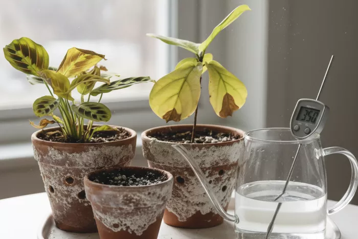 Tap water mineral buildup causing yellow leaves