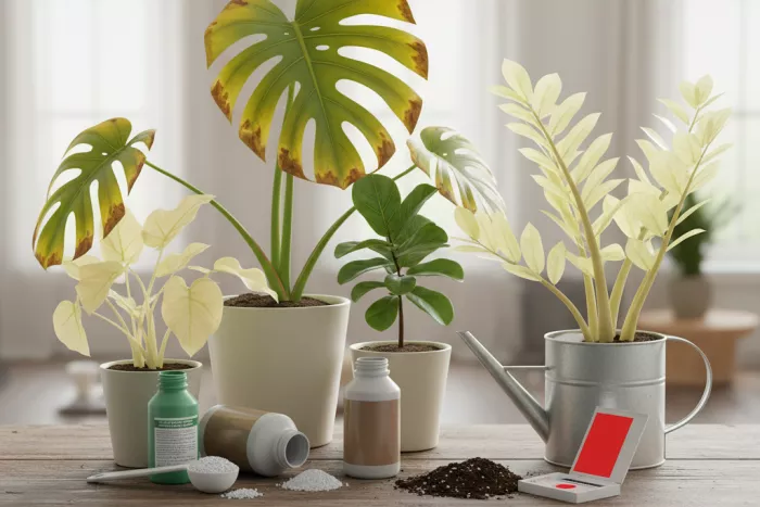 Indoor plant yellowing from fertilizer imbalance