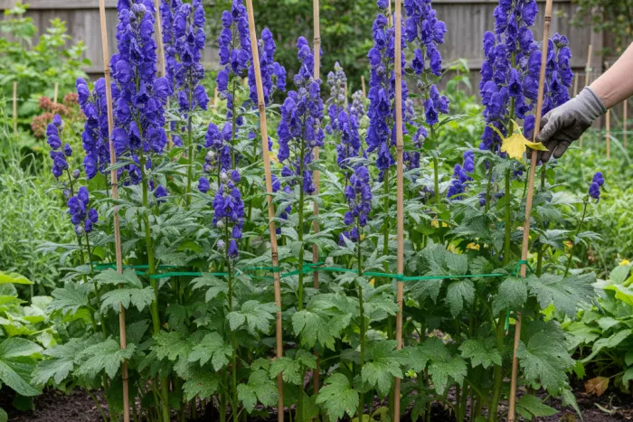 Aconitum care: moisture, support, clean growth