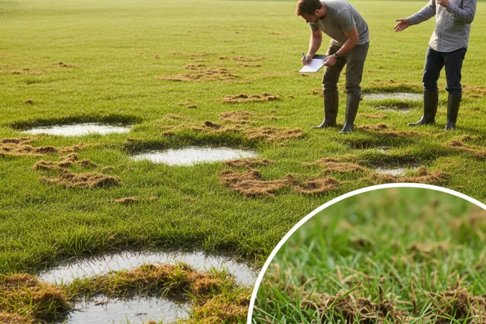 Lawn brown spot inspection after rainfall fungal stress