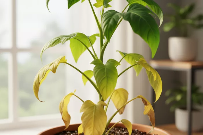 Lower leaves yellowing from nutrient deficiency redistribution