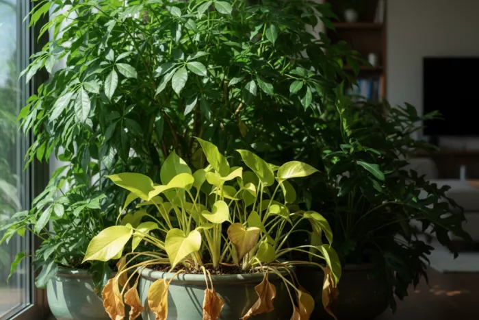 Lower leaves yellowing from light blockage