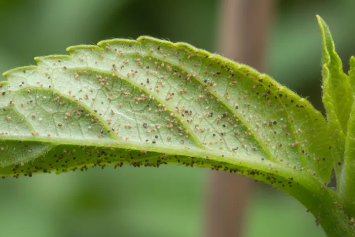 Tiny brown specks on young leaves causes