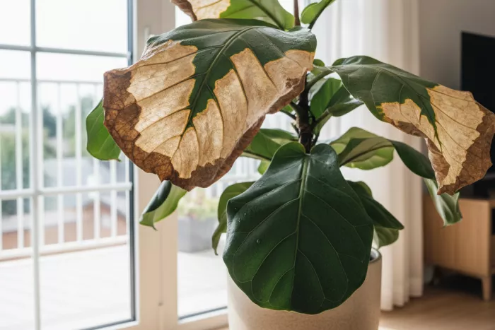 Large brown leaf blotches from environmental stress