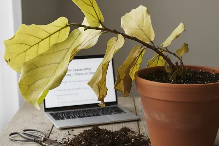 Rapid yellowing leaves after repotting damage signs
