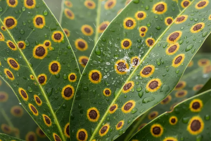 Brown leaf spots with yellow halos infection spread
