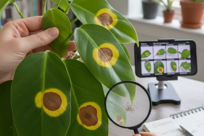Leaf inspection for brown spots yellow halos