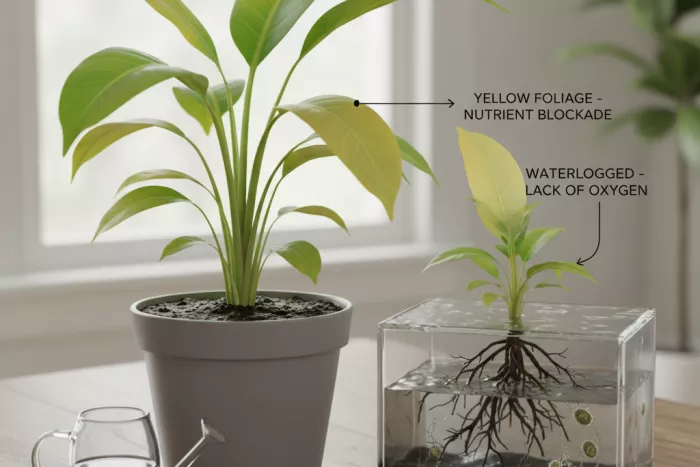 Yellow leaves from waterlogged soil root rot