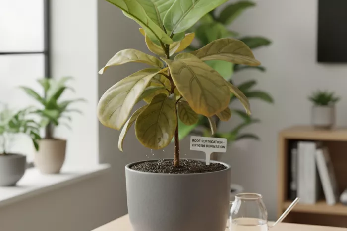 Yellowing leaves from waterlogged soil root suffocation