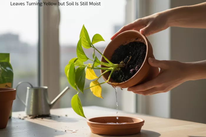 Yellowing leaves from overwatered moist soil