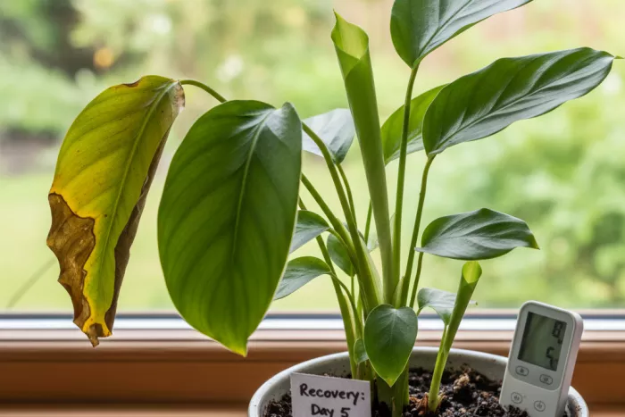 Yellowing leaves in moist soil recovery stages
