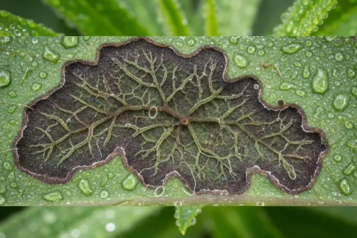 Dark leaf lesions from fungal spore moisture