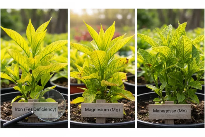 Interveinal chlorosis yellow leaves green veins nutrient deficiency