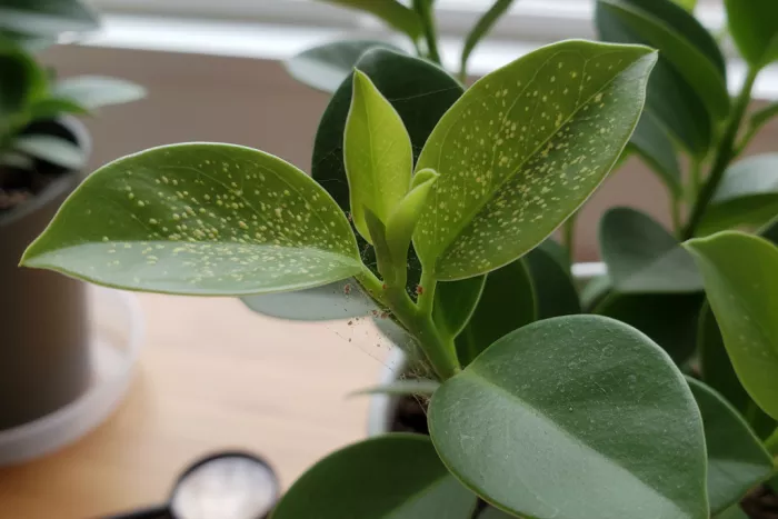 Early spider mite infestation signs on leaves