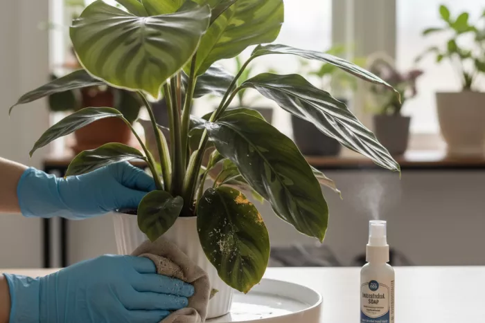 Spider mite residue cleanup on indoor plants
