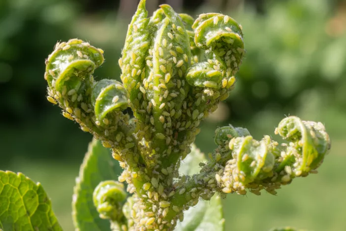 Aphid damage on tender new shoots