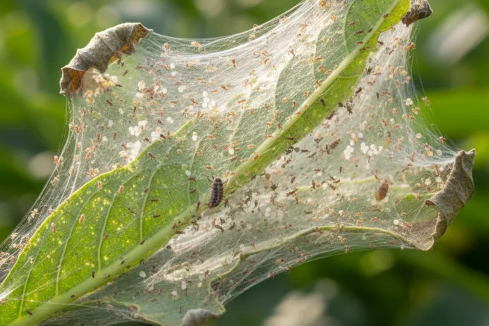 Spider mite webbing damage on leaves