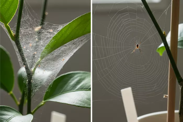 Fine webbing on leaves from spider mites
