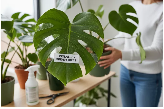 Spider mite webbing treatment on speckled leaves
