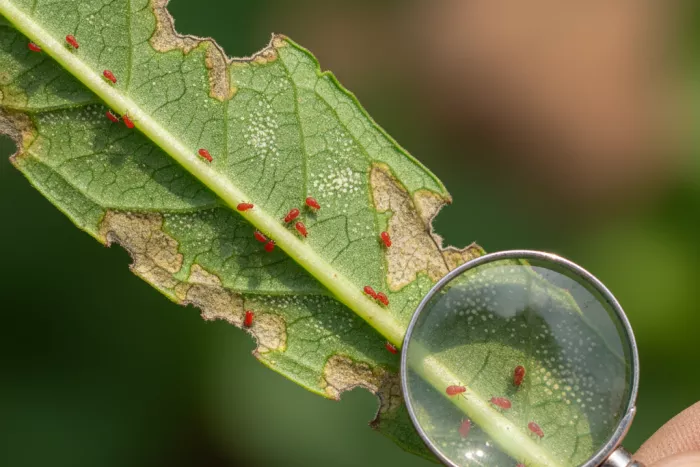 Tiny red mite identification on plant leaves