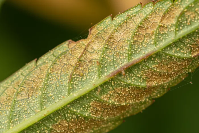 Spider mite feeding yellow speckled leaf damage