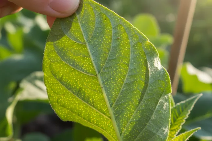 Early mite feeding speckles on leaf undersides