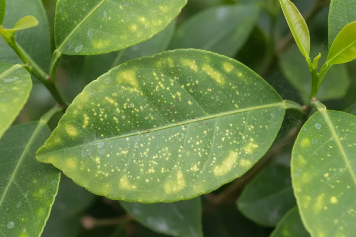 Early spider mite signs under leaf undersides