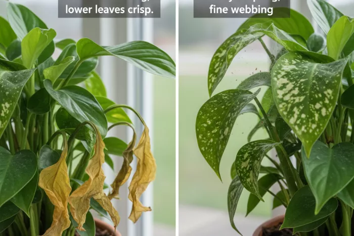 Dry dusty leaves from spider mites or drought