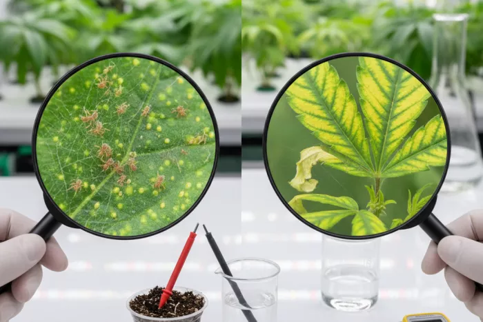 Spider mite damage vs nutrient deficiency diagnosis