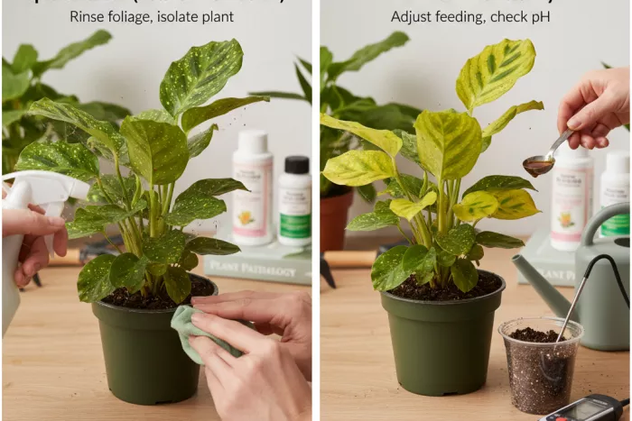 Spider mite damage versus nutrient deficiency diagnosis