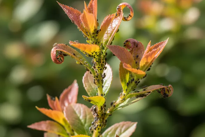 Aphid infestation signs on shrub new growth