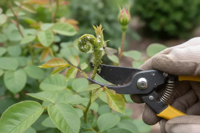 Pruning aphid-infested shoot tips on shrubs