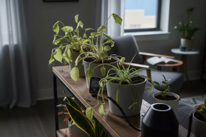 Low-light houseplant care under stress conditions