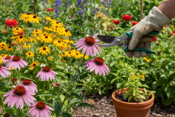 Deadheading and pruning full-sun flowering plants
