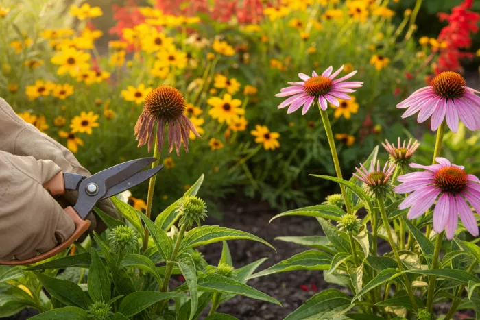 Deadheading sun-loving flowering plants for reblooming