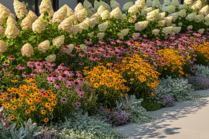 Full sun front yard layered plant combinations