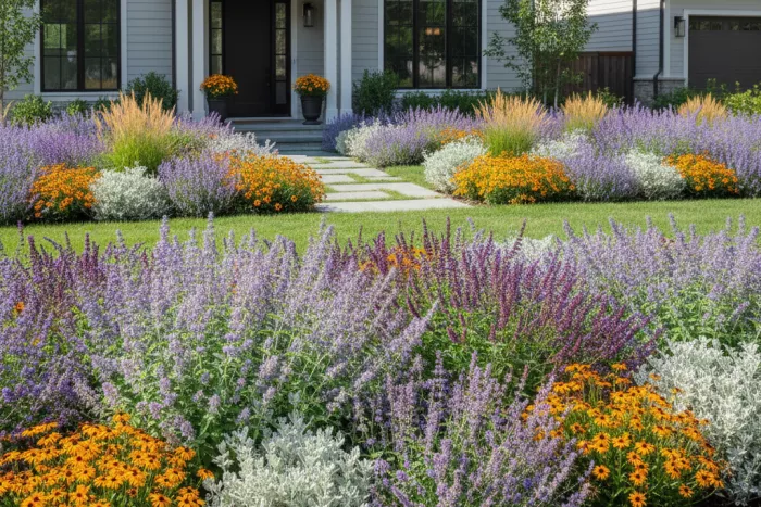 Full-sun front yard plants color palette repetition