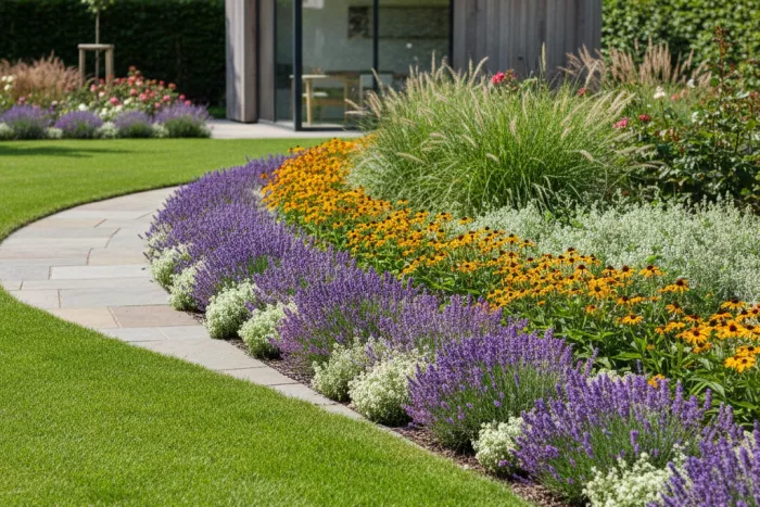 Compact full-sun border plants, low-growing edging