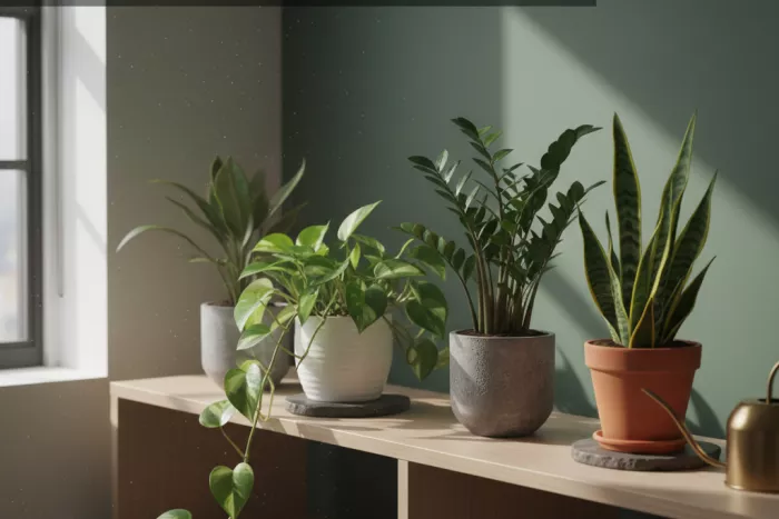 Low-light houseplant care, cautious watering, steady placement