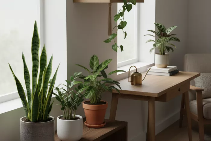 Small low-light houseplants for shelves and desks