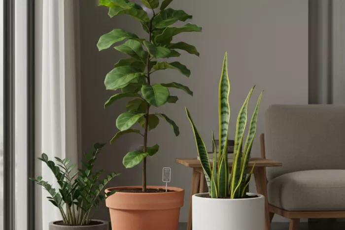 Staking support for tall low-light corner plants