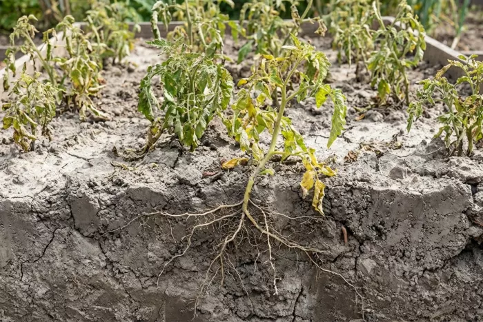 Compacted nutrient-poor soil limiting root growth