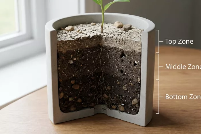 Plant pot soil layers for drainage and roots