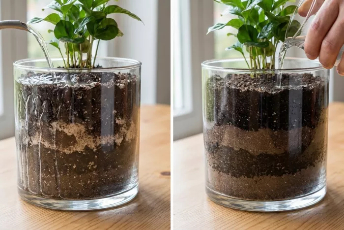 Potting mix soil layers moisture distribution