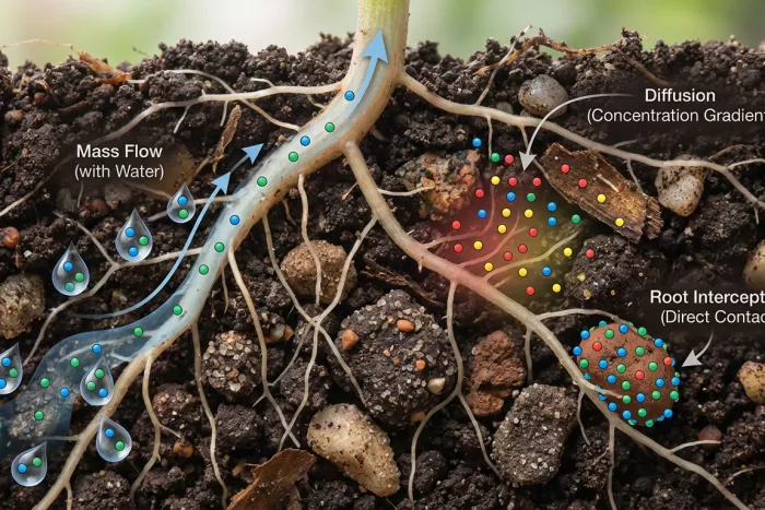 Root nutrient absorption from dissolved soil ions