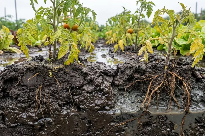 Waterlogged soil drainage and root oxygen deprivation