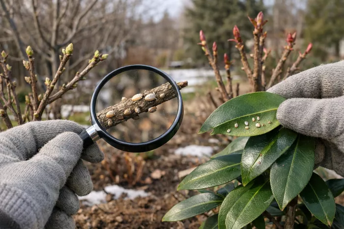 Scale insect inspection on outdoor plants