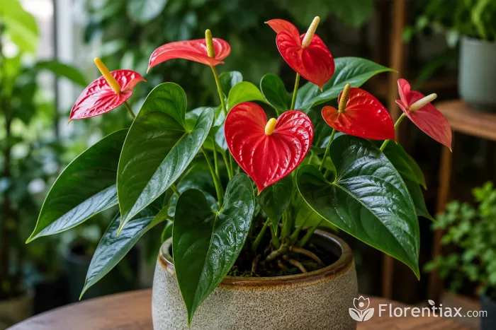 Anthurium flowers with glossy indoor leaves
